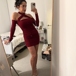 Crimson Cross-Neck Long Sleeve Mini Dress